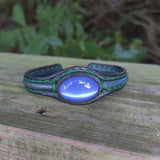 Handcrafted Genuine Blue Vegetal Leather Bracelet with Blue Cat's Eye Stone Setting-Unisex Gift Fashion Jewelry Cuff-Adjustable Wristband