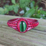 Handcrafted Genuine Vegetal Maroon Leather Bracelet with Green Cat's Eye Stone Setting-Lifestyle Gift Fashion Jewelry Cuff Bangle