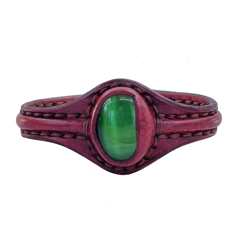 Handcrafted Genuine Vegetal Maroon Leather Bracelet with Green Cat's Eye Stone Setting-Lifestyle Gift Fashion Jewelry Cuff Bangle