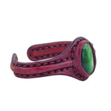 Handcrafted Genuine Vegetal Maroon Leather Bracelet with Green Cat's Eye Stone Setting-Lifestyle Gift Fashion Jewelry Cuff Bangle