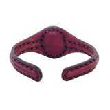 Handcrafted Genuine Vegetal Maroon Leather Bracelet with Green Cat's Eye Stone Setting-Lifestyle Gift Fashion Jewelry Cuff Bangle