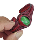 Handcrafted Genuine Vegetal Maroon Leather Bracelet with Green Cat's Eye Stone Setting-Lifestyle Gift Fashion Jewelry Cuff Bangle