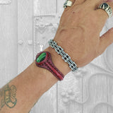 Handcrafted Genuine Vegetal Maroon Leather Bracelet with Green Cat's Eye Stone Setting-Lifestyle Gift Fashion Jewelry Cuff Bangle