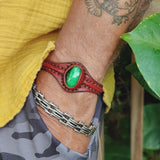 Handcrafted Genuine Vegetal Maroon Leather Bracelet with Green Cat's Eye Stone Setting-Lifestyle Gift Fashion Jewelry Cuff Bangle