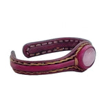 Handcrafted Genuine Vegetal Leather Bracelet with Pink Cat's Eye Stone Setting-Unisex Gift-Unique Gift Fashion Maroon Jewelry Cuff
