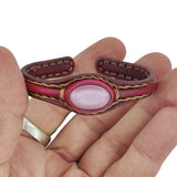 Handcrafted Genuine Vegetal Leather Bracelet with Pink Cat's Eye Stone Setting-Unisex Gift-Unique Gift Fashion Maroon Jewelry Cuff