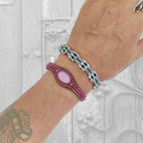 Handcrafted Genuine Vegetal Leather Bracelet with Pink Cat's Eye Stone Setting-Unisex Gift-Unique Gift Fashion Maroon Jewelry Cuff