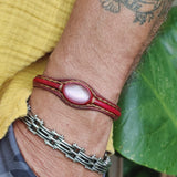 Handcrafted Genuine Vegetal Leather Bracelet with Pink Cat's Eye Stone Setting-Unisex Gift-Unique Gift Fashion Maroon Jewelry Cuff