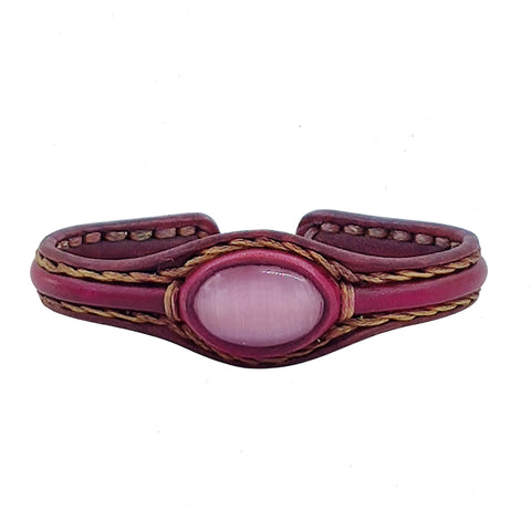 Handcrafted Genuine Vegetal Leather Bracelet with Pink Cat's Eye Stone Setting-Unisex Gift-Unique Gift Fashion Maroon Jewelry Cuff