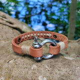 Handcrafted 8 inches Brown Genuine Leather Unisex Marine Style Fashion Bracelet-Cuff-Stainless Stainless Shackle  Design Bracelet