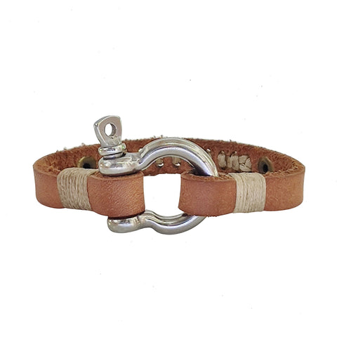 Handcrafted 8 inches Brown Genuine Leather Unisex Marine Style Fashion Bracelet-Cuff-Stainless Stainless Shackle  Design Bracelet