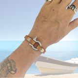 Handcrafted 8 inches Brown Genuine Leather Unisex Marine Style Fashion Bracelet-Cuff-Stainless Stainless Shackle  Design Bracelet