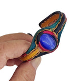 Handcrafted Genuine Colored Vegetal Leather Bracelet with Blue Cat's Eye Stone Setting-Unisex Gift Fashion Jewelry Cuff-Adjustable Wristband