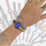 Handcrafted Genuine Colored Vegetal Leather Bracelet with Blue Cat's Eye Stone Setting-Unisex Gift Fashion Jewelry Cuff-Adjustable Wristband