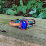 Handcrafted Genuine Colored Vegetal Leather Bracelet with Blue Cat's Eye Stone Setting-Unisex Gift Fashion Jewelry Cuff-Adjustable Wristband