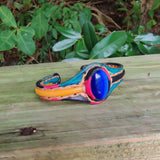Handcrafted Genuine Colored Vegetal Leather Bracelet with Blue Cat's Eye Stone Setting-Unisex Gift Fashion Jewelry Cuff-Adjustable Wristband