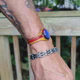 Handcrafted Genuine Vegetal Leather Bracelet with Blue Cat's Eye Stone Setting-Unisex Gift Fashion Jewelry Cuff-Adjustable Wristband