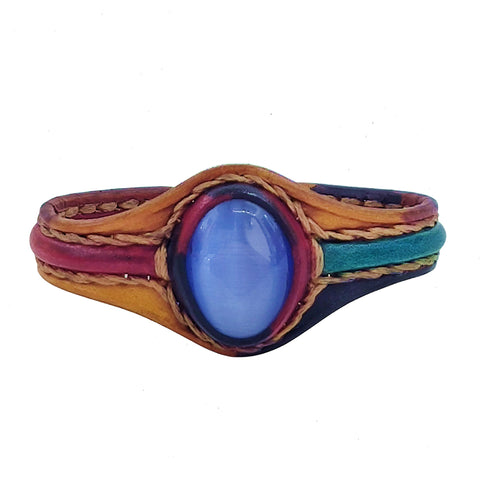 Handcrafted Genuine Vegetal Leather Bracelet with Blue Cat's Eye Stone Setting-Unisex Gift Fashion Jewelry Cuff-Adjustable Wristband