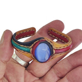 Handcrafted Genuine Vegetal Leather Bracelet with Blue Cat's Eye Stone Setting-Unisex Gift Fashion Jewelry Cuff-Adjustable Wristband