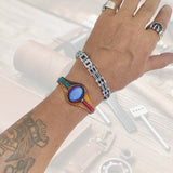 Handcrafted Genuine Vegetal Leather Bracelet with Blue Cat's Eye Stone Setting-Unisex Gift Fashion Jewelry Cuff-Adjustable Wristband