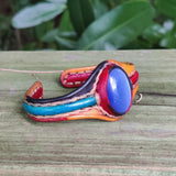 Handcrafted Genuine Vegetal Leather Bracelet with Blue Cat's Eye Stone Setting-Unisex Gift Fashion Jewelry Cuff-Adjustable Wristband