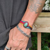 Unique Handcrafted Vegetal Colored Leather Bracelet with Green Agate Stone-Unisex Gift Fashion Jewelry with Naturel Stone Cuff