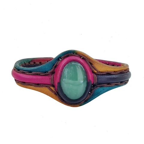 Unique Handcrafted Vegetal Colored Leather Bracelet with Green Agate Stone-Unisex Gift Fashion Jewelry with Naturel Stone Cuff