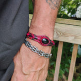 Unique Handcrafted 2 Colored Vegetal Leather Bracelet with Black Agate Stone Setting-Unique Gift Fashion Jewelry Cuff-Adjustable Wristband