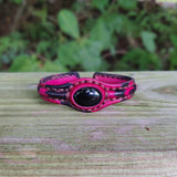 Unique Handcrafted 2 Colored Vegetal Leather Bracelet with Black Agate Stone Setting-Unique Gift Fashion Jewelry Cuff-Adjustable Wristband