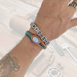 Handcrafted Genuine Vegetal Leather Bracelet with Blue Cat's Eye Stone Setting-Unisex Gift Fashion Jewelry Cuff-Adjustable Wristband