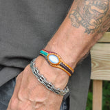 Handcrafted Genuine Vegetal Leather Bracelet with Blue Cat's Eye Stone Setting-Unisex Gift Fashion Jewelry Cuff-Adjustable Wristband