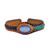 Handcrafted Genuine Vegetal Leather Bracelet with Blue Cat's Eye Stone Setting-Unisex Gift Fashion Jewelry Cuff-Adjustable Wristband