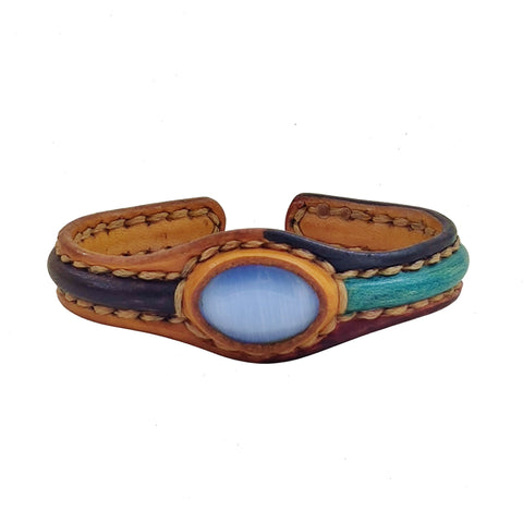 Handcrafted Genuine Vegetal Leather Bracelet with Blue Cat's Eye Stone Setting-Unisex Gift Fashion Jewelry Cuff-Adjustable Wristband