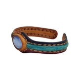 Handcrafted Genuine Vegetal Leather Bracelet with Blue Cat's Eye Stone Setting-Unisex Gift Fashion Jewelry Cuff-Adjustable Wristband