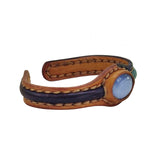 Handcrafted Genuine Vegetal Leather Bracelet with Blue Cat's Eye Stone Setting-Unisex Gift Fashion Jewelry Cuff-Adjustable Wristband