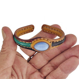 Handcrafted Genuine Vegetal Leather Bracelet with Blue Cat's Eye Stone Setting-Unisex Gift Fashion Jewelry Cuff-Adjustable Wristband