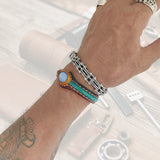 Handcrafted Genuine Vegetal Leather Bracelet with Blue Cat's Eye Stone Setting-Unisex Gift Fashion Jewelry Cuff-Adjustable Wristband