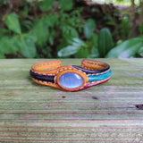 Handcrafted Genuine Vegetal Leather Bracelet with Blue Cat's Eye Stone Setting-Unisex Gift Fashion Jewelry Cuff-Adjustable Wristband