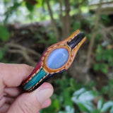 Handcrafted Genuine Vegetal Leather Bracelet with Blue Cat's Eye Stone Setting-Unisex Gift Fashion Jewelry Cuff-Adjustable Wristband