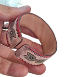 Handcrafted Genuine Vegetal Leather Bracelet with Hand Carved Ethnic-Gift-Unique Fashion Jewelry-Adjustable Wristband or Arm Bracelet