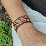 Handcrafted Genuine Vegetal Leather Bracelet with Hand Carved-Gift Unique Fashion Jewelry Adjustable Wristband or Arm Bracelet