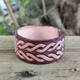 Handcrafted Genuine Vegetal Leather Bracelet with Hand Carved-Gift Unique Fashion Jewelry Adjustable Wristband or Arm Bracelet