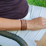 Handcrafted Genuine Vegetal Leather Bracelet with Hand Carved-Gift Unique Fashion Jewelry Adjustable Wristband or Arm Bracelet