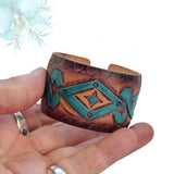 Handcrafted Genuine Vegetal Leather Bracelet with Hand Carved-Gift Unique Fashion Jewelry Adjustable Wristband or Arm Bracelet