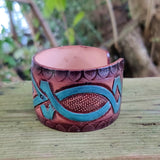 Handcrafted Genuine Vegetal Leather Bracelet with Hand Carved-Gift Unique Fashion Jewelry Adjustable Wristband or Arm Bracelet