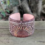 Handcrafted Genuine Vegetal Leather Bracelet with Hand Carved Sun Flower-Gift Unique Fashion Jewelry Adjustable Wristband or Arm Bracelet