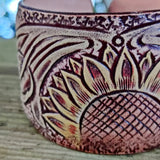 Handcrafted Genuine Vegetal Leather Bracelet with Hand Carved Sun Flower-Gift Unique Fashion Jewelry Adjustable Wristband or Arm Bracelet