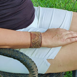 Handcrafted Genuine Vegetal Leather Bracelet with Hand Carved Sun Flower-Gift Unique Fashion Jewelry Adjustable Wristband or Arm Bracelet