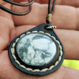 Boho Handcrafted Genuine Vegetal Leather Necklace with White and Gray Agate Stone-Unique Unisex Gift Fashion Jewelry