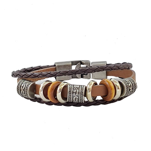 Boho Multilayer Leather Bracelet with Wood and Stainless Steel Beads - Gift Cuff Men genuine Leather Bracelet  Unisex Fashion Jewelry